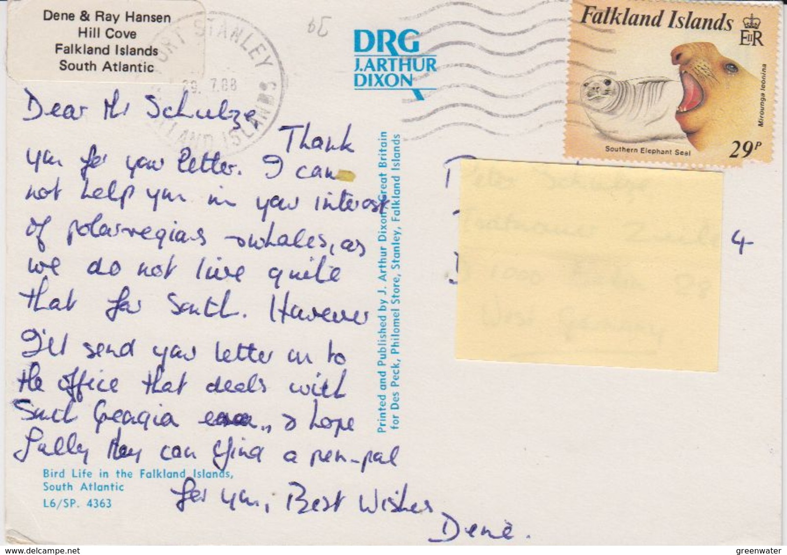 Falkland Islands 1988 Postcard To Germany Ca Port Stanley 29.7.1988 (42327) Stamp Is Damaged In Corner - Falklandeilanden