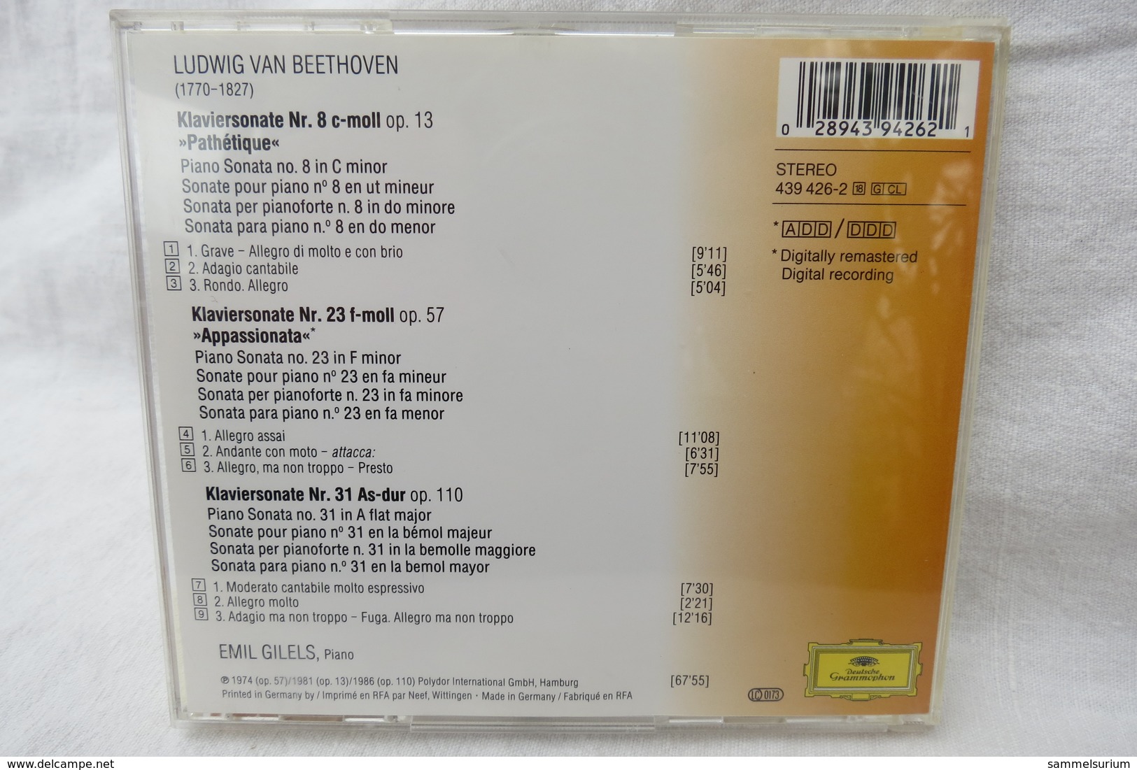 CD "Ludwig Van Beethoven" Klaviersonaten Nr. 8 Pathétique C-moll O, Nr. 23 Appassionata Und Klaviersonate -nr. 31 As-dur - Klassik