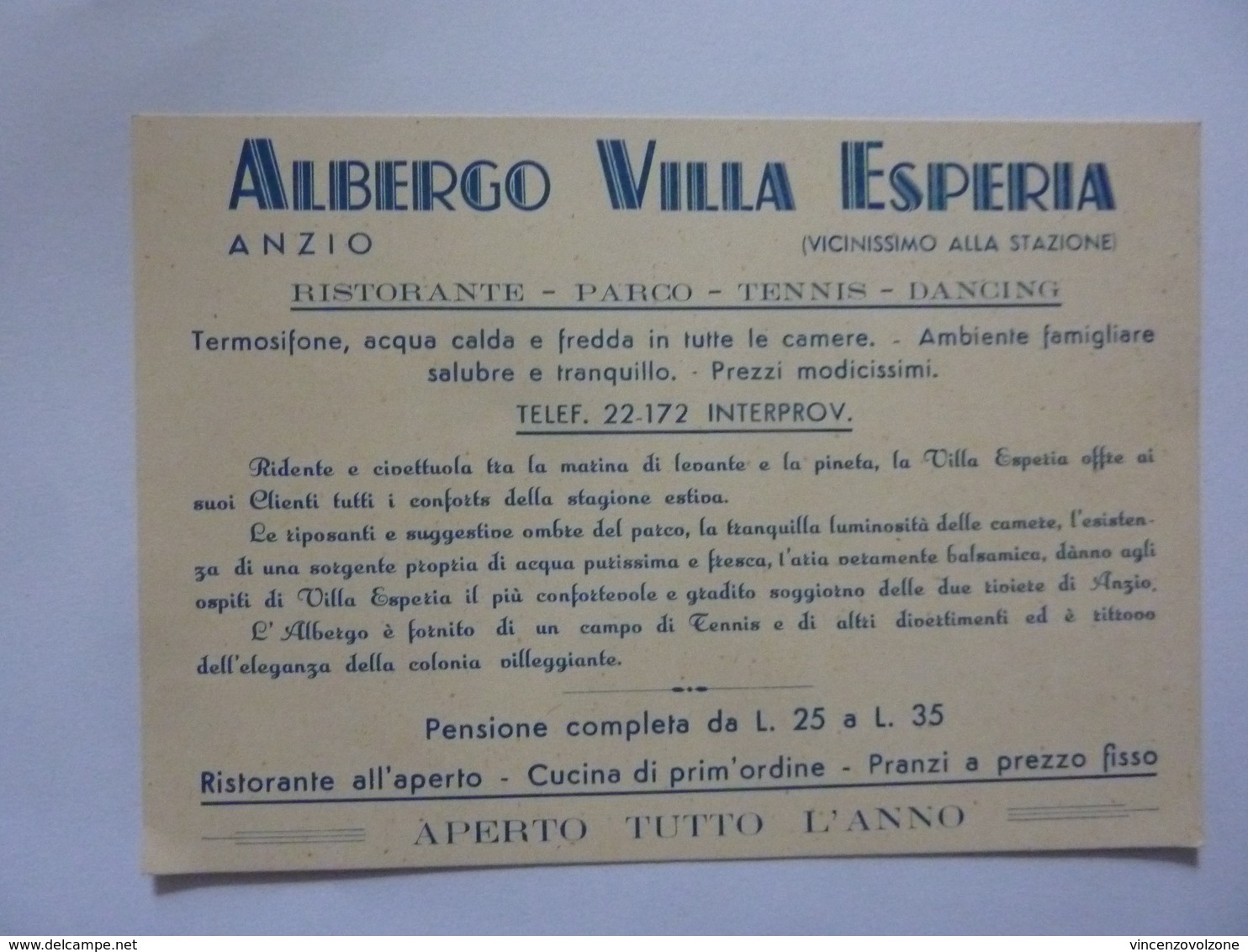 Cartoncino Pubblicitario "ALBERGO VILLA ESPERIA ANZIO" - Pubblicitari