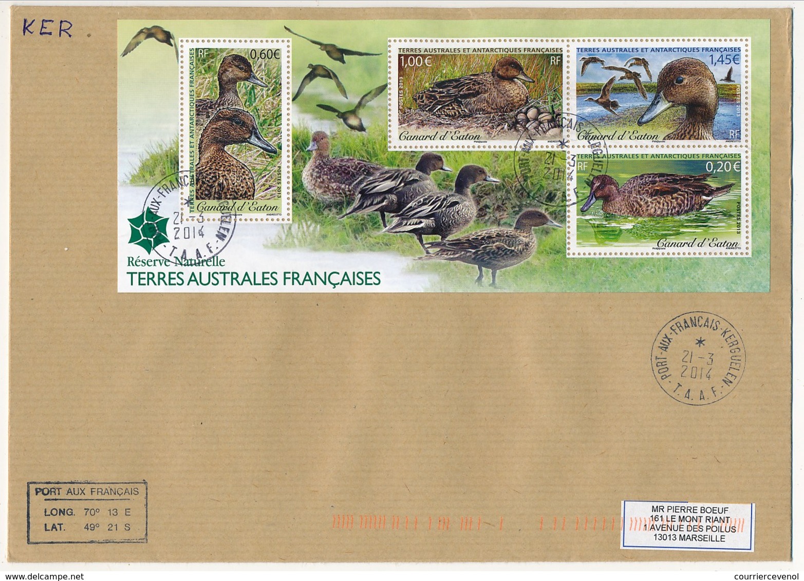 TAAF - Feuillet "Réserve Naturelle" (Canards) Sur Env. Obl Port Aux Français Kerguelen 21/3/2014 - Lettres & Documents