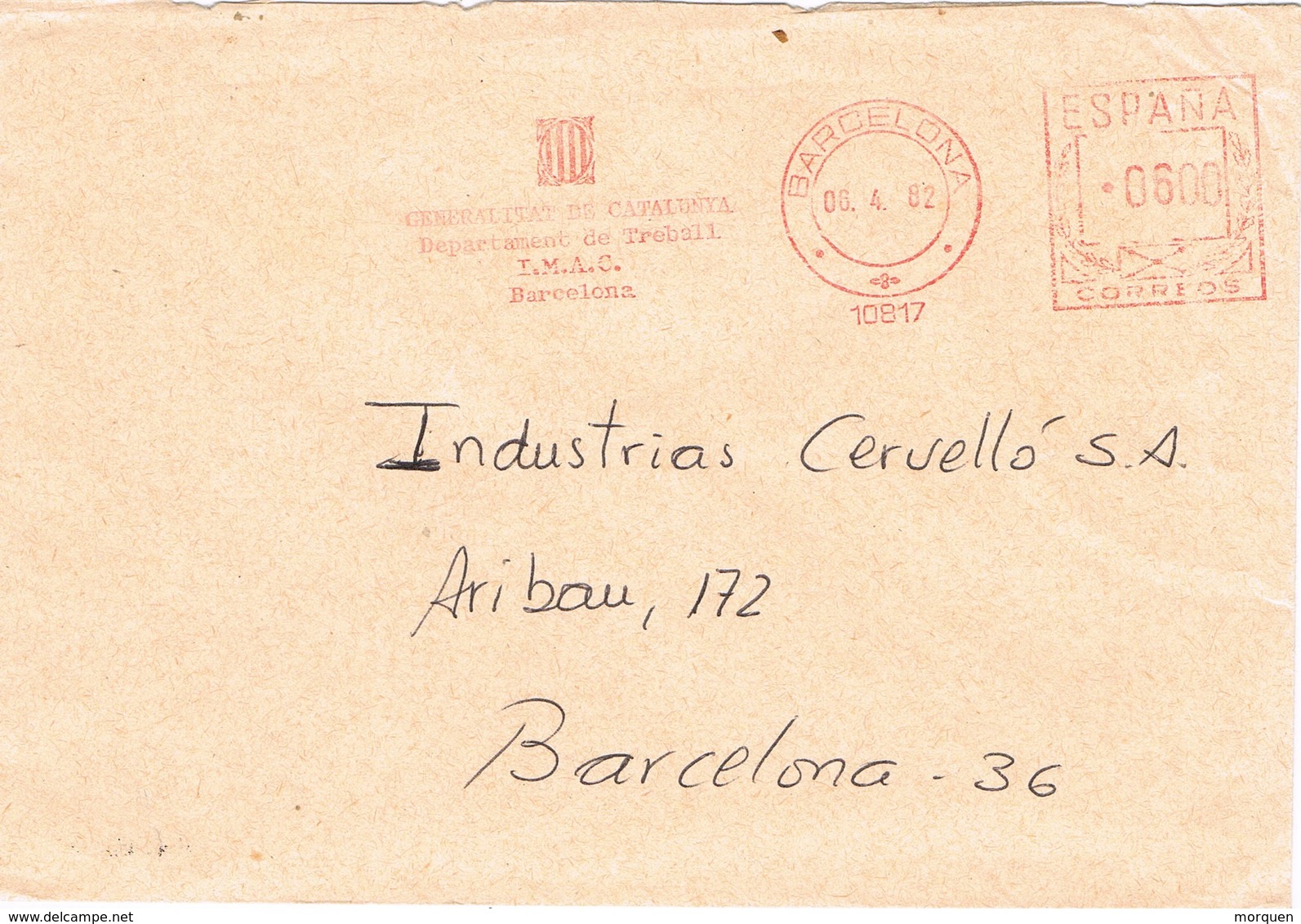 32308. Carta BARCELONA 1982. Franqueo Mecanico Generalitat Catalunya. Treball - Cartas & Documentos