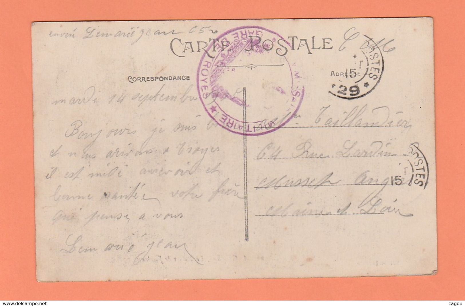 CACHET COMMISSAIRE MILITAIRE * GARE DE TROYES * + TRESOR ET POSTE 29 SUR CARTE POSTALE D' ANGERS - 1. Weltkrieg 1914-1918