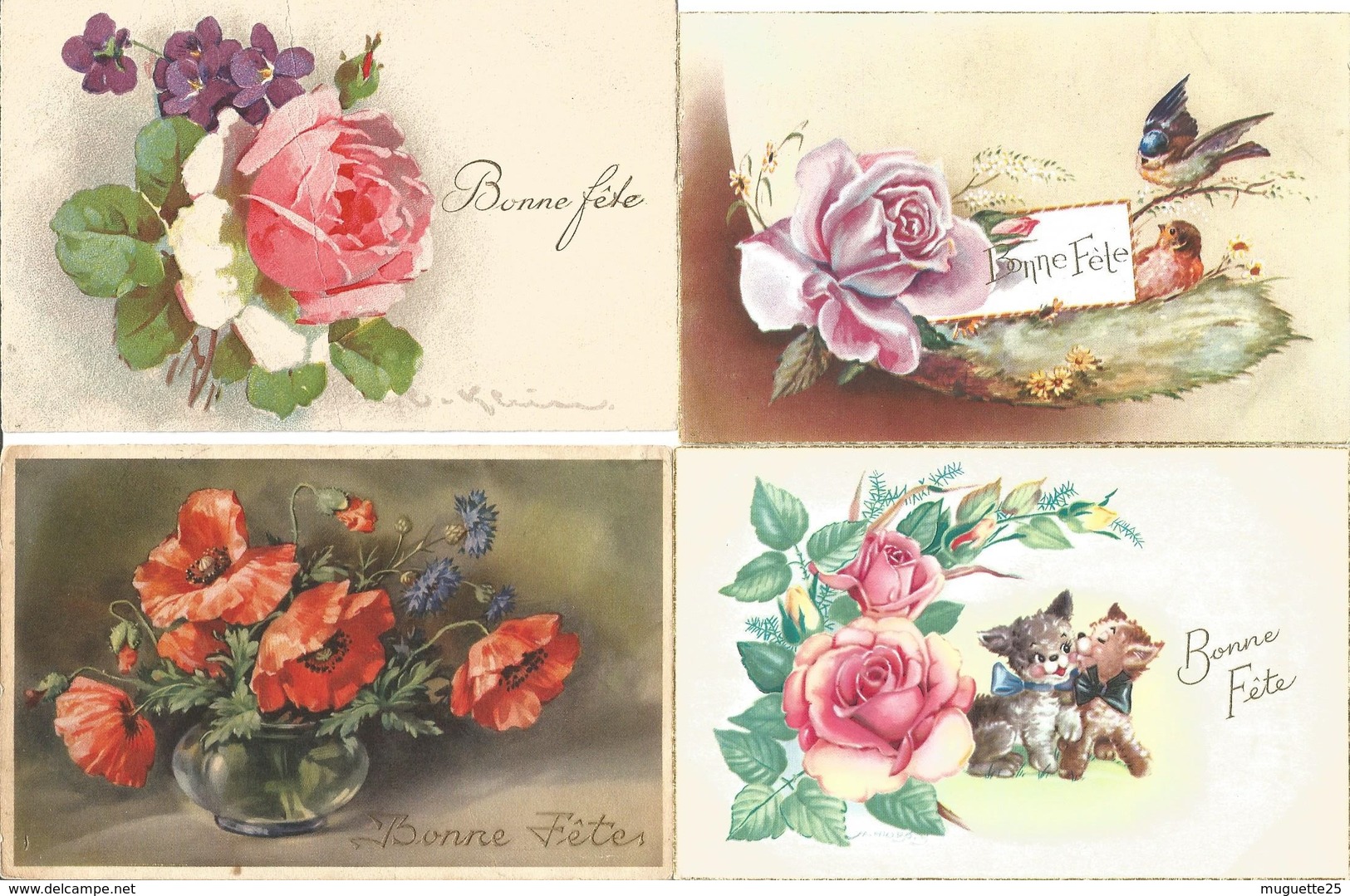 CPA BONNE FETE Sur Les Fleurs (roses, Anémones,tulipes, Oeillets, Pensées, Marguerites, Par Lot De 4 SOLDES - Autres & Non Classés