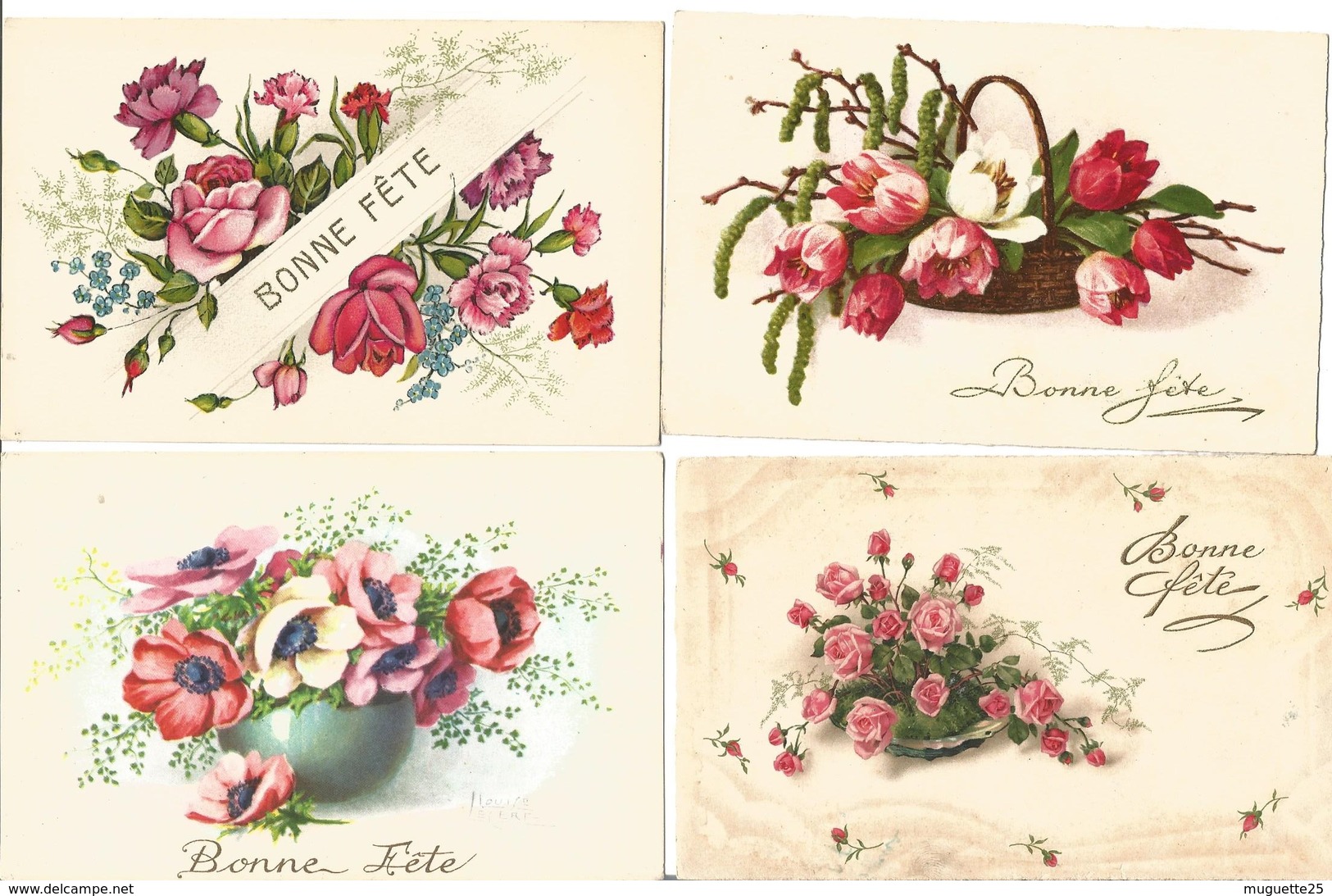 CPA BONNE FETE Sur Les Fleurs (roses, Anémones,tulipes, Oeillets, Pensées, Marguerites, Par Lot De 4 SOLDES - Altri & Non Classificati