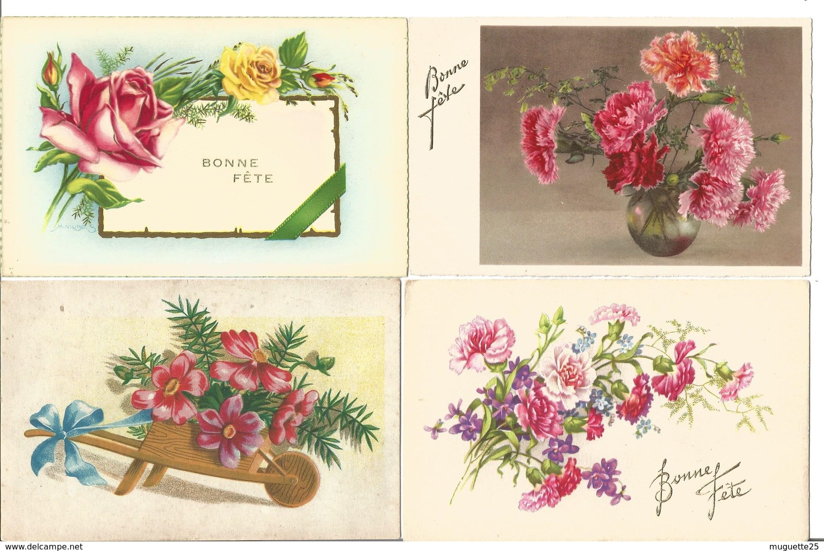 CPA BONNE FETE Sur Les Fleurs (roses, Anémones,tulipes, Oeillets, Pensées, Marguerites, Par Lot De 4 SOLDES - Autres & Non Classés