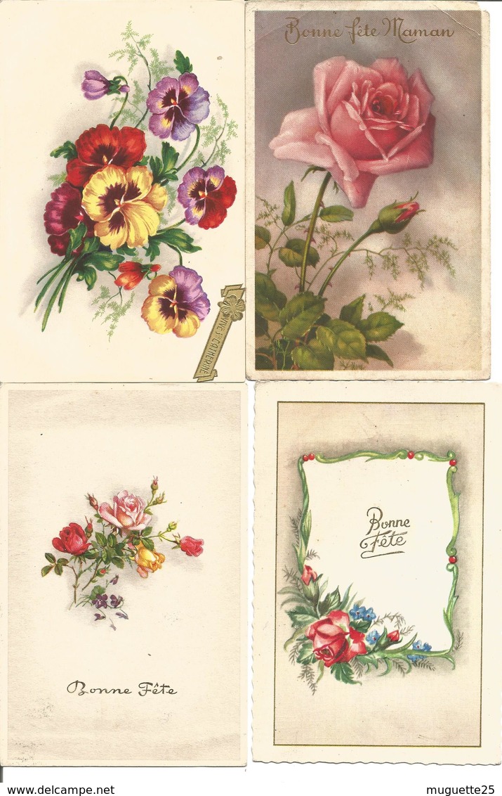 CPA BONNE FETE Sur Les Fleurs (roses, Anémones,tulipes, Oeillets, Pensées, Marguerites, Par Lot De 4 SOLDES - Autres & Non Classés