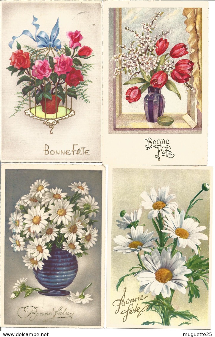 CPA BONNE FETE Sur Les Fleurs (roses, Anémones,tulipes, Oeillets, Pensées, Marguerites, Par Lot De 4 SOLDES - Autres & Non Classés