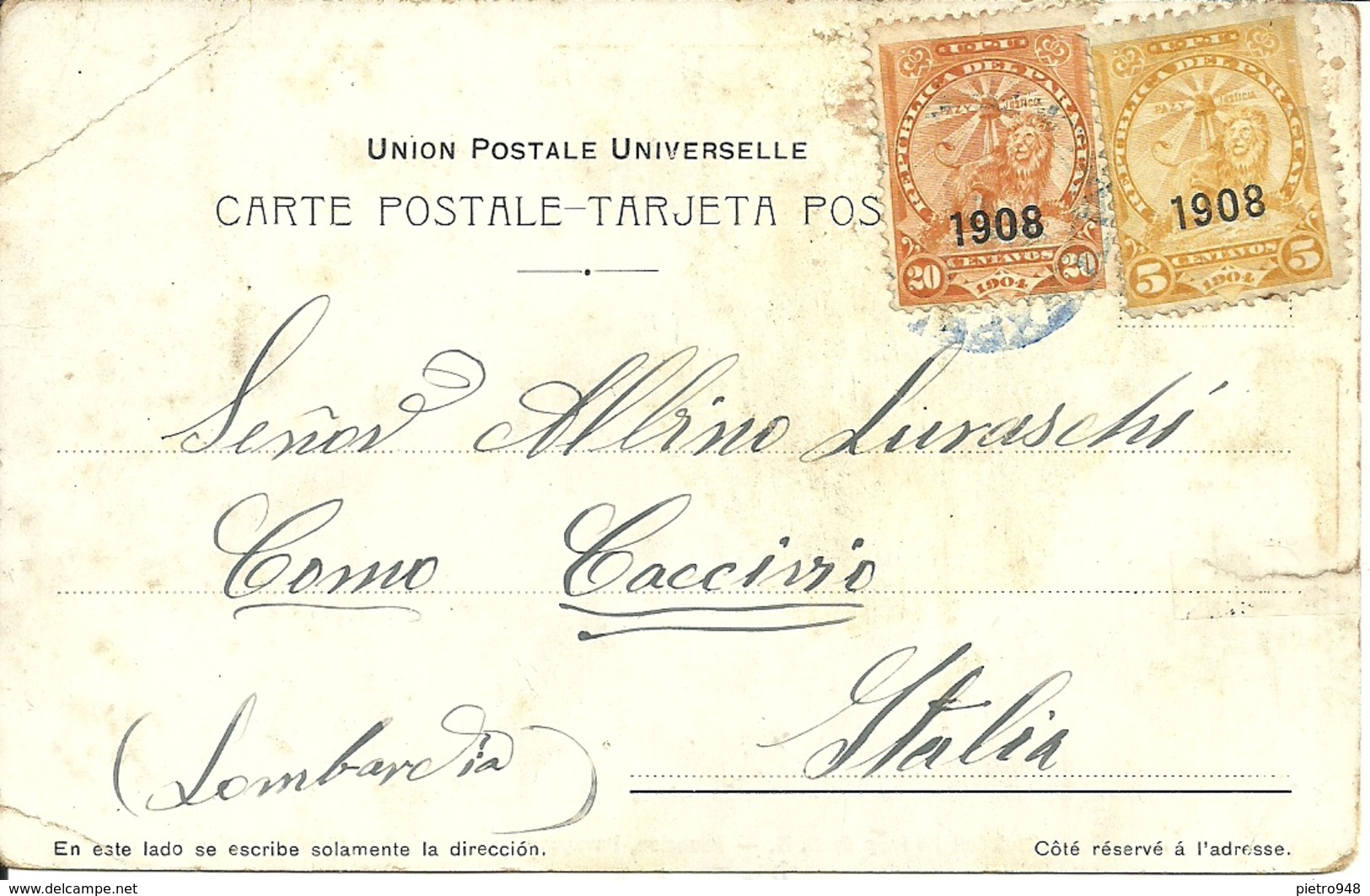 Asuncion (Paraguay) Sociedad Italiana De S. M., Thematic Stamps (Soprastampati) Overprinted "1908" - Paraguay