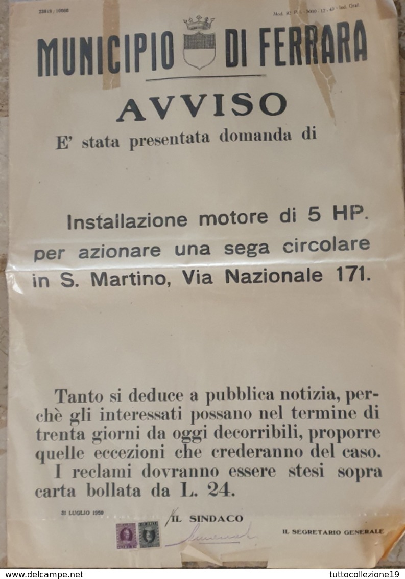 MANIFESTO ORIGINALE DEL MUNICIPIO DI FERRARA DEL 31 LUGLIO 1950 - Affiches