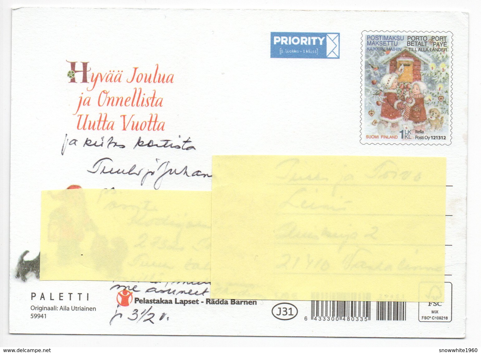 Postal Stationery Finland - CHARITY  SAVE THE CHILDREN - GIRLS - DOG - BIRDS / BULLFINCHES   - Postage Paid - Port Payé - Postwaardestukken