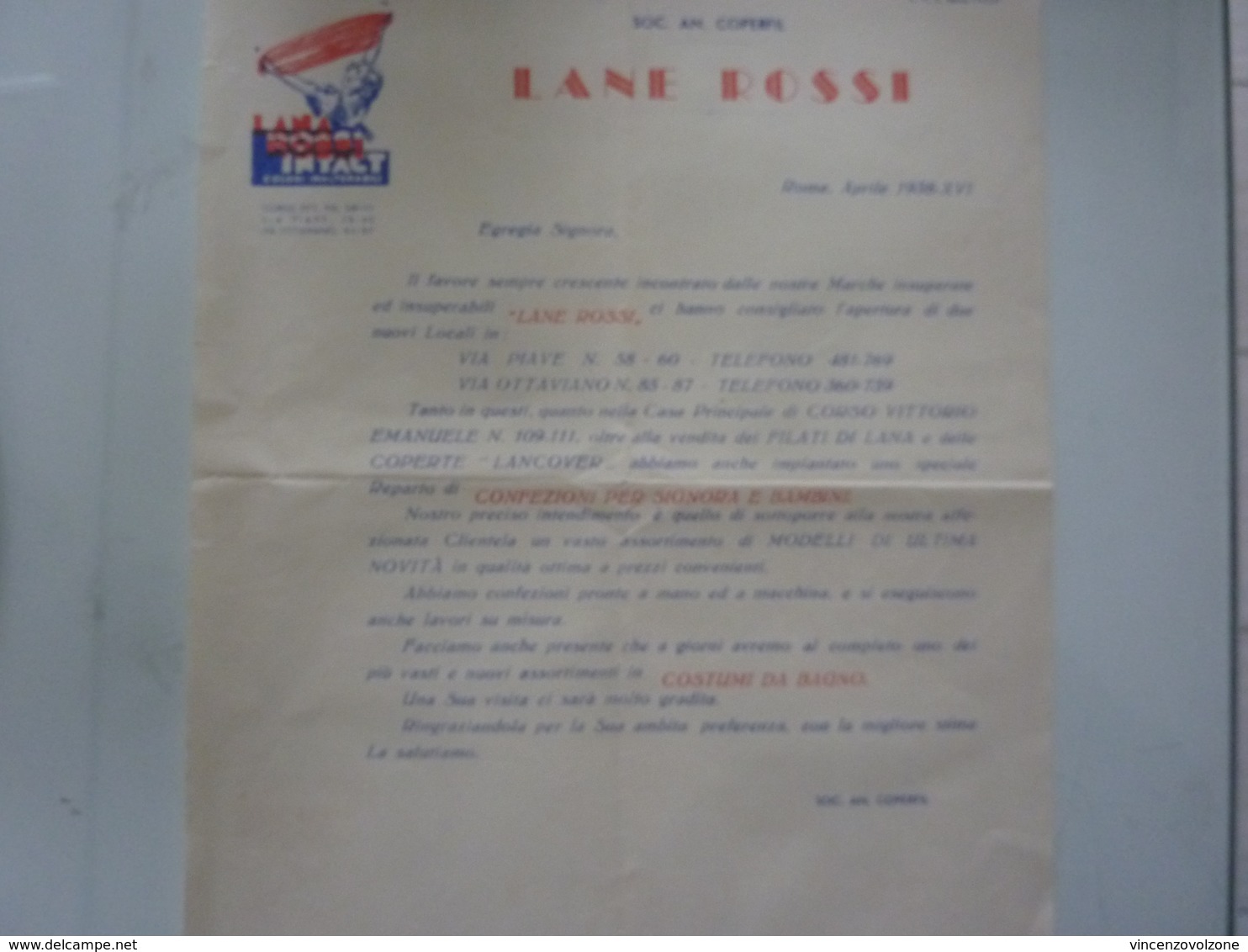 Lettera Commerciale "Soc. An. COPERFIL  LANE ROSSI Roma Aprile 1938" - Italia