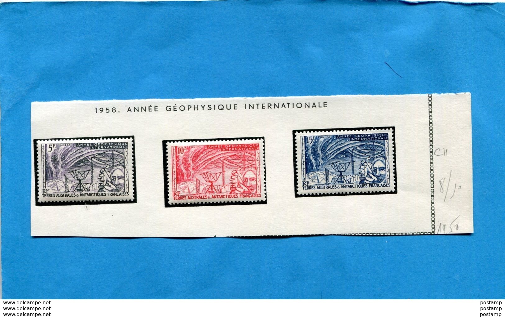 T A A F-1958-série Année Géophysique 3 Timbres Montés Sur Ch Fines Cote 19.50-eu - Ungebraucht