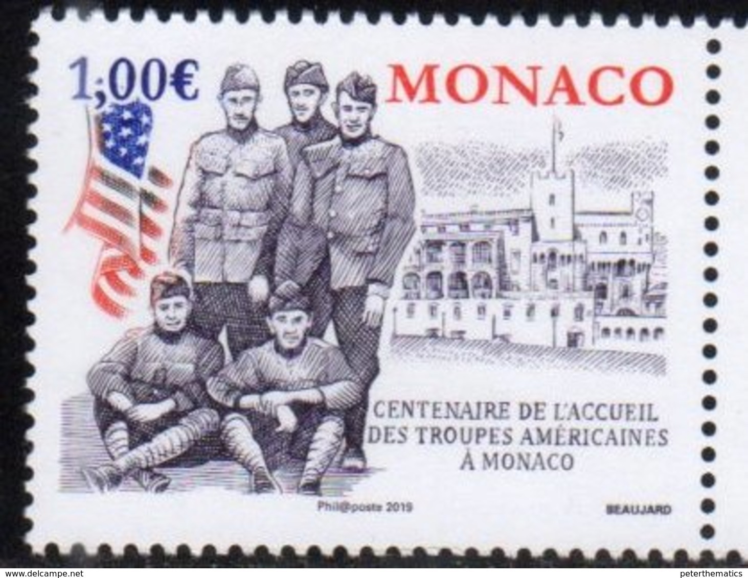 MONACO, 2019, MNH,WWI, 100th ANNIVERSARY OF WELCOMING OF AMERICAN TROOPS TO MONACO,1v - Guerre Mondiale (Première)