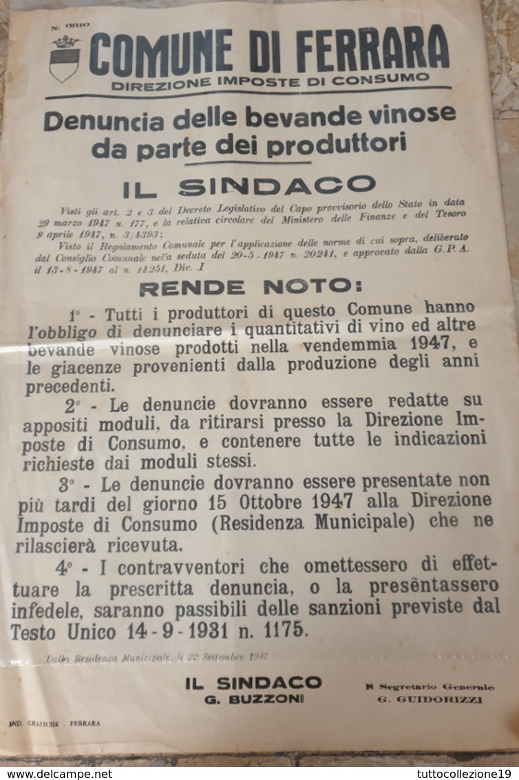 MANIFESTO ORIGINALE DEL COMUNE DI FERRARA - DIREZIONE IMPOSTE DI CONSUMO - DEL 1947 - Manifesti