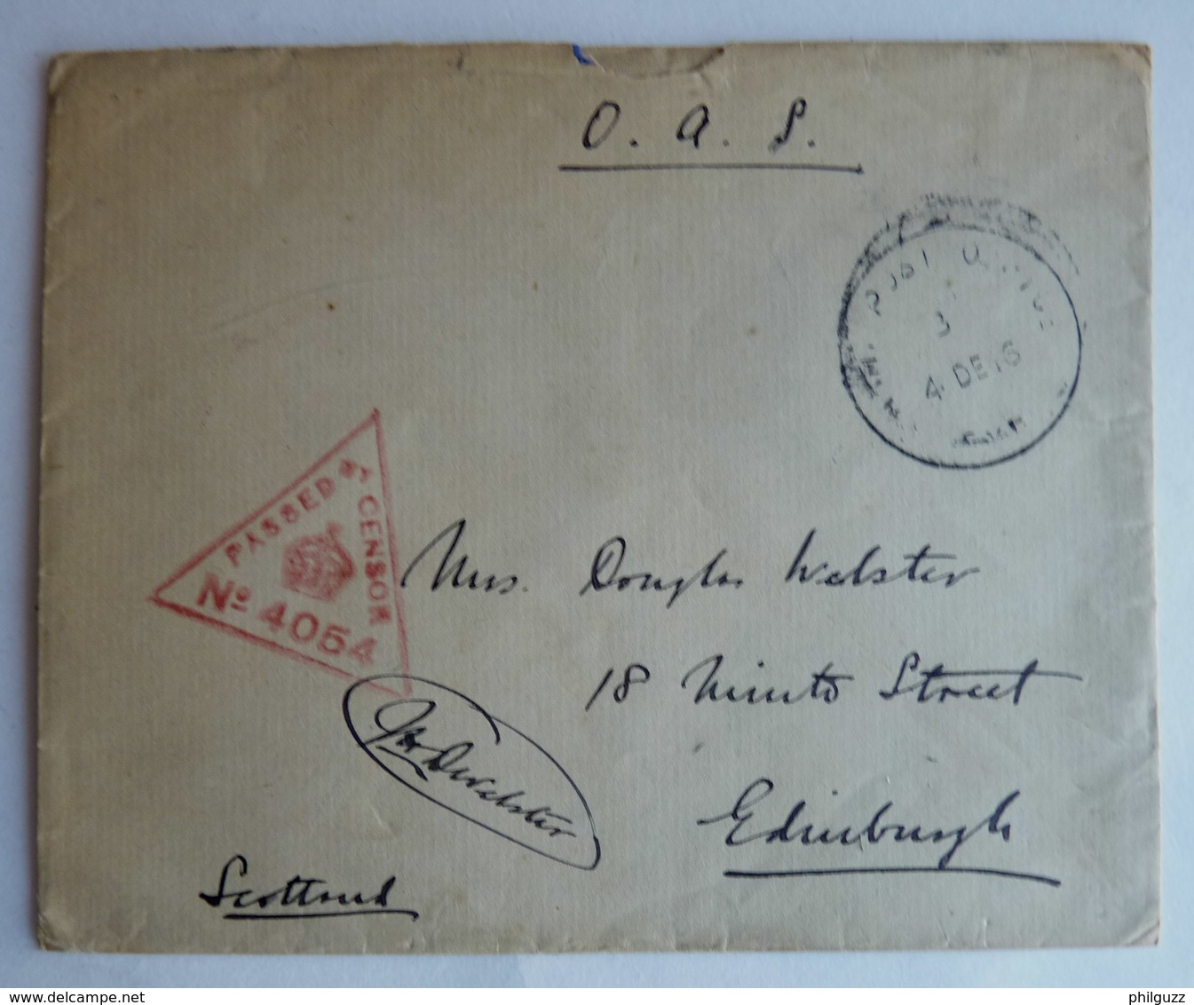 LETTRE O.A.S. AVEC CACHET DE CENSURE ANGLAIS A DESTINATION EDIMBOURG ECOSSE 1916 - WW1