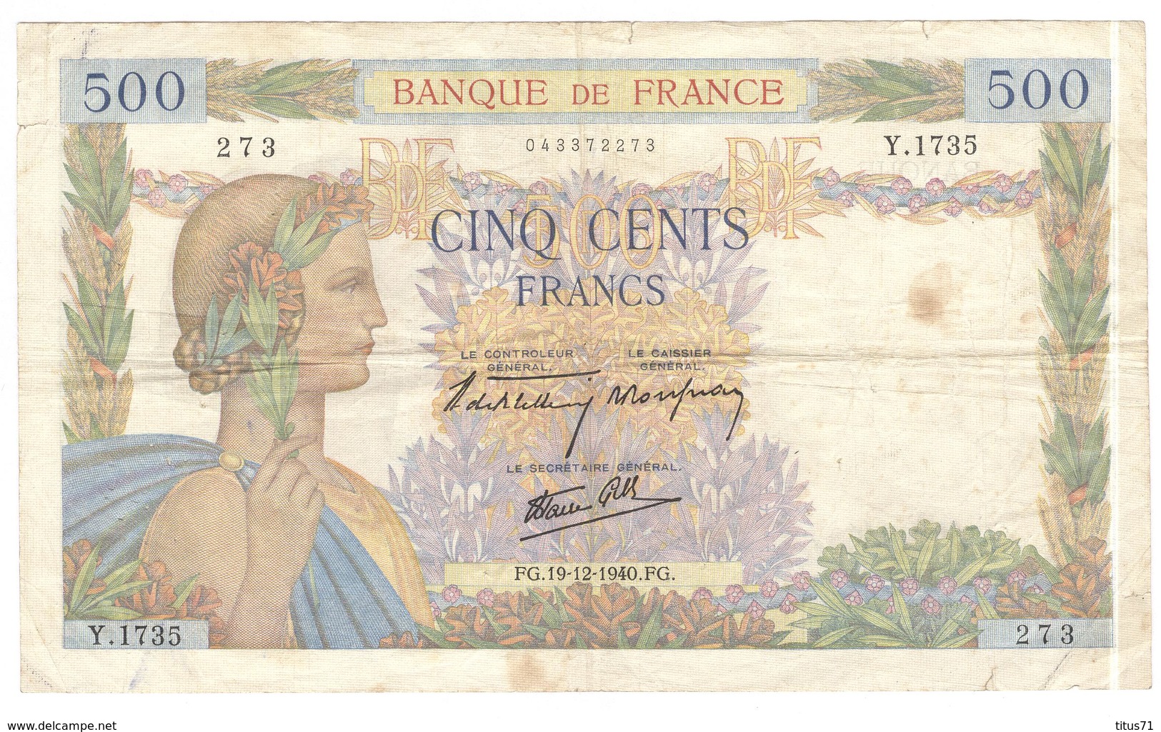Billet 500 Francs France La Paix 19-12-1940.FG. - 500 F 1940-1944 ''La Paix''