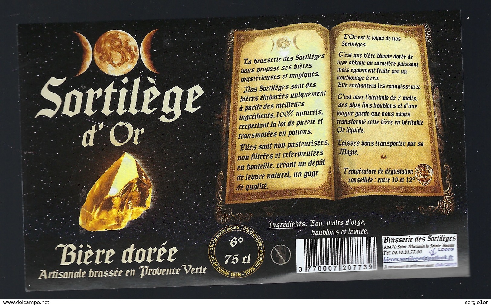 étiquette Bière France: Bière  Dorée Sortilège D'or   6% 75cl  Brasserie Des Sortilèges Saint Maximin 83 - Bière