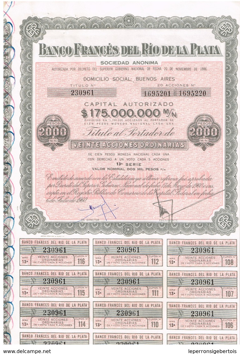 Titre Ancien -Banco Frances Del Rio De La Plata Sociedad Anonima  - Titulo De 1960 - N°230961 - Banque & Assurance