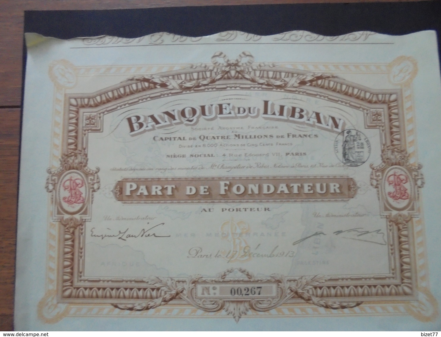 BANQUE DU LIBAN - PART DE FONDATEUR - PARIS 1913 - Other & Unclassified