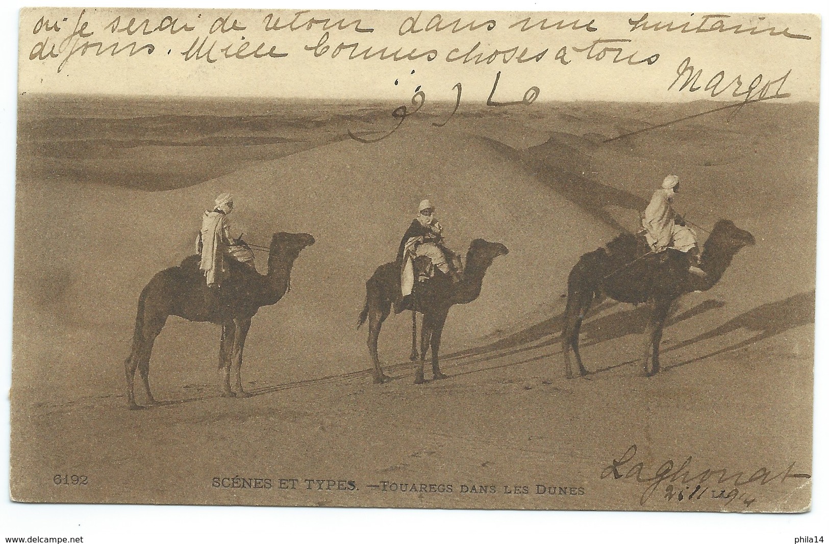 CARTE POSTALE / TOUAREGS DANS LES DUNES / LAGHOUAT ALGERIE 1914 POUR LA SUISSE - Scènes & Types