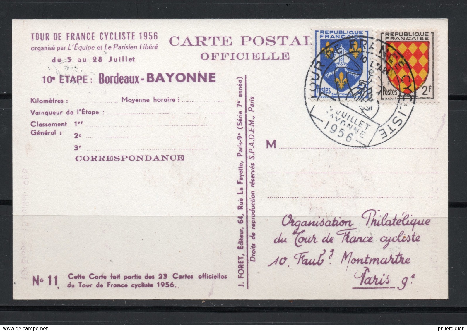 TOUR DE FRANCE CYCLISTE 1956 10ème ETAPE BORDEAUX / BAYONNE - CARTE 11/23 - 1950-1959