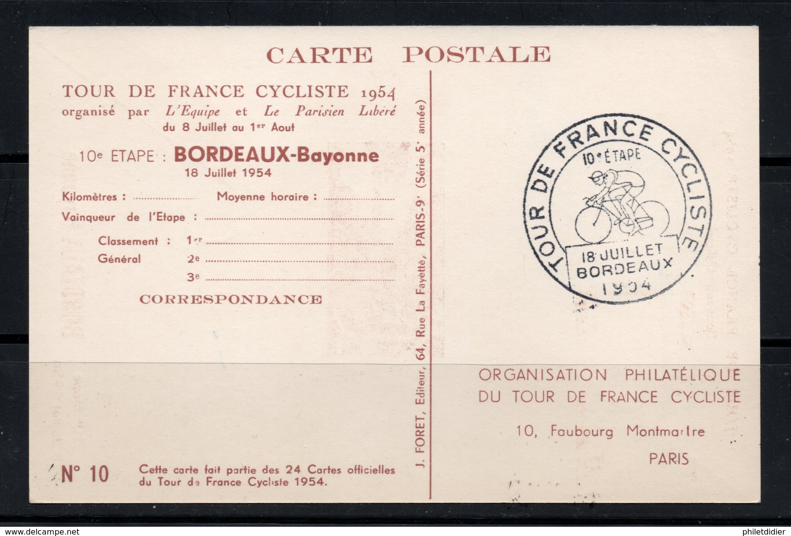 TOUR DE FRANCE CYCLISTE 1954 10ème ETAPE BORDEAUX / BAYONNE - CARTE 10/24 - 1950-1959