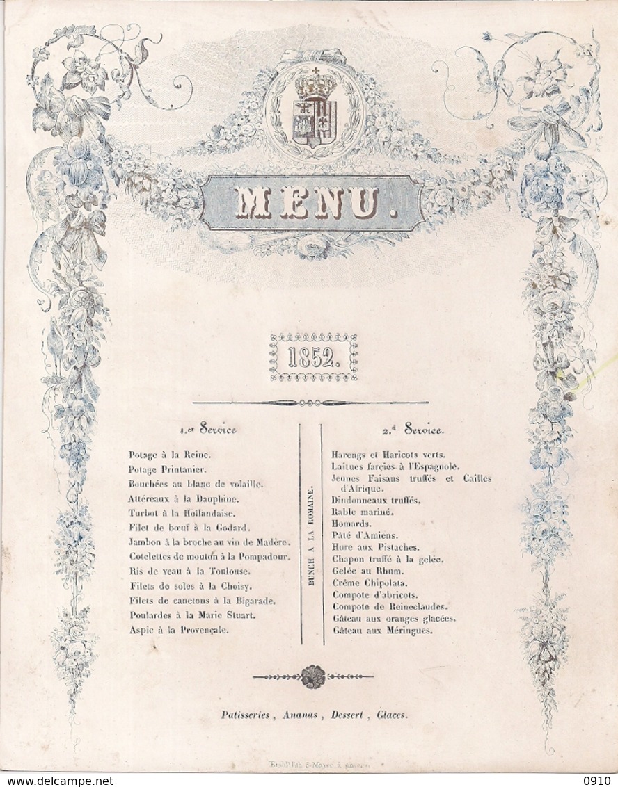 ANTWERPEN-ANVERS"MENU 1852-PUNCH A LA ROMAINE" LITH.MAYER-216/174MM - Porseleinkaarten