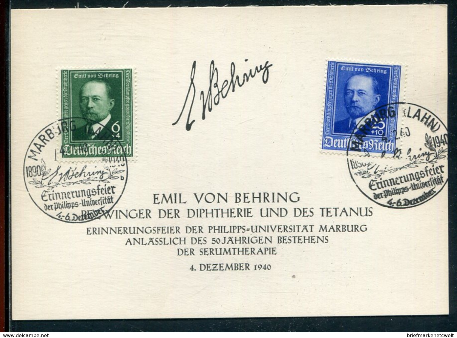 Deutsches Reich / 1940 / Mi. 760/761 A. Sonderkarte "EMIL VON BEHRING", So-Stempel Marburg (12179) - Covers & Documents