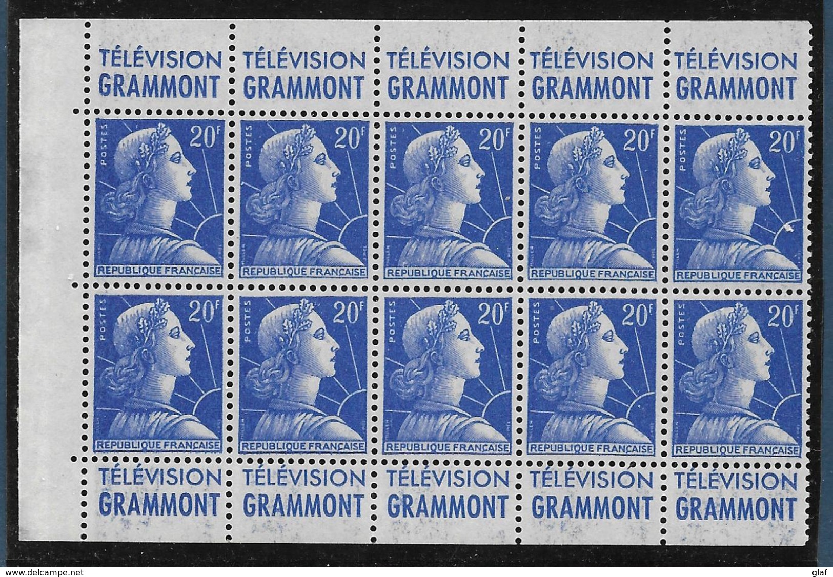 20 F Marianne De Muller : Bloc De 10 Issu De Carnet Pubs Grammont - Grammont - 1955-1961 Marianne De Muller