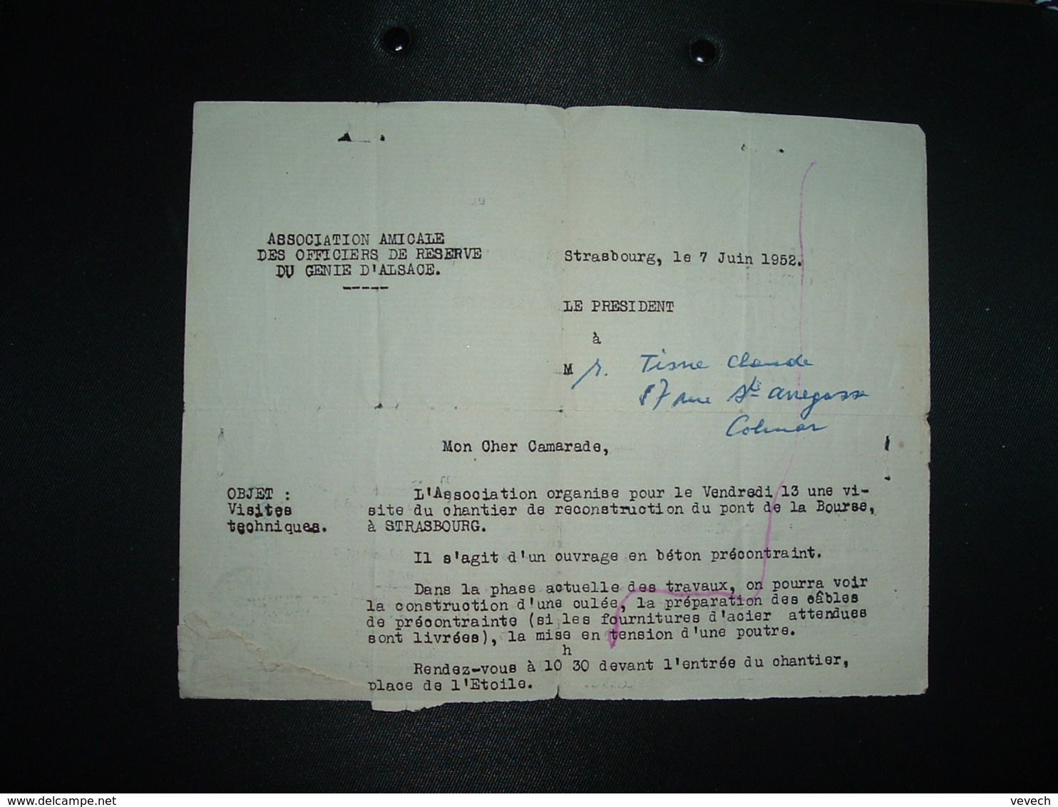 LETTRE (PLI) OBL.9-6 1952 STRASBOURG RP BAS RHIN (67) Le Chef De Bataillon JOYEUX + BATAILLON DU GENIE - Cachets Militaires A Partir De 1900 (hors Guerres)