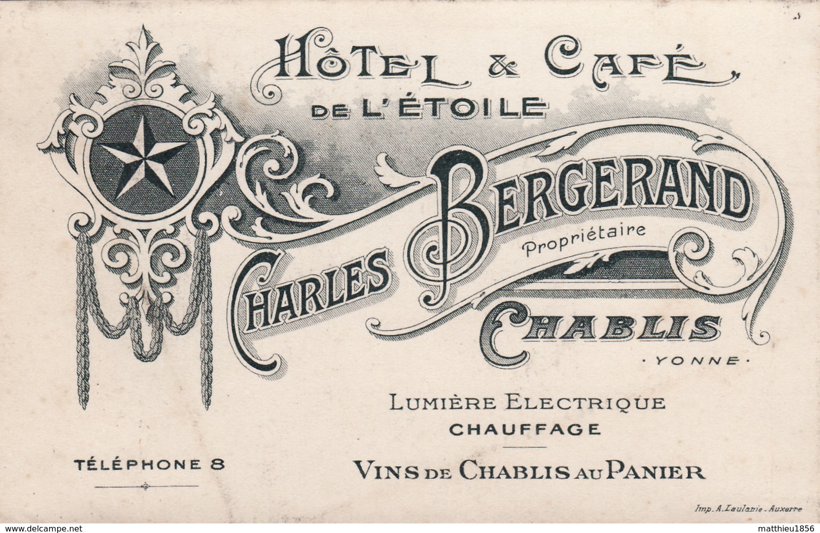 Carte De Visite CHABLIS - Hôtel Bergerand (A209) - Chablis