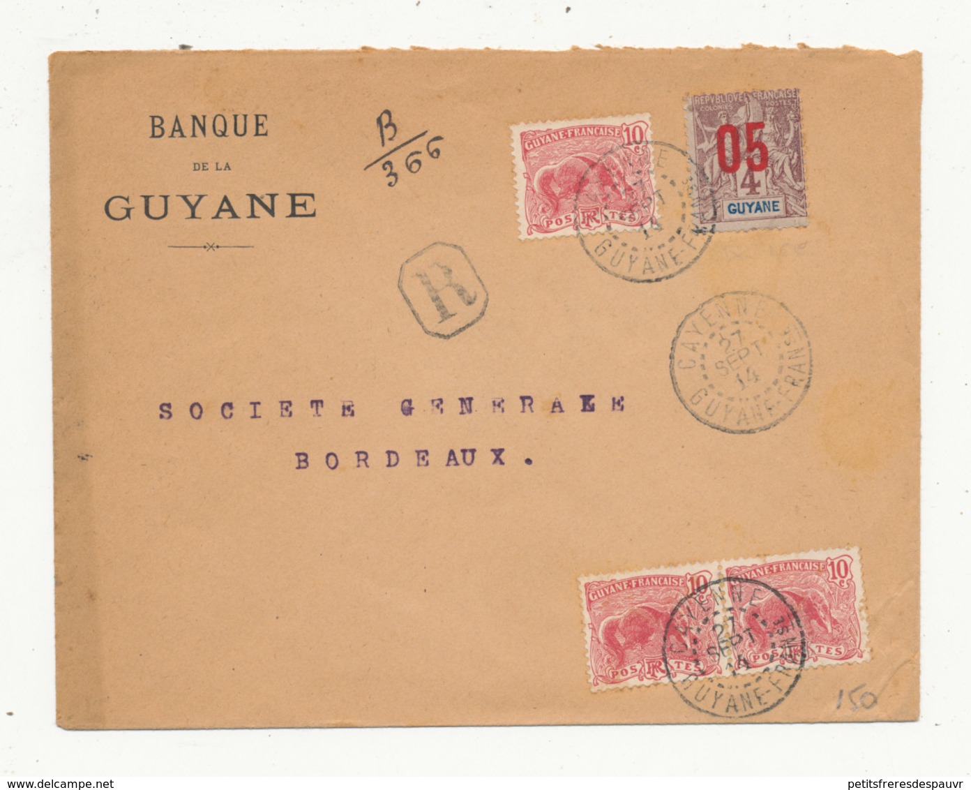 GUYANE - Recommandé Manuel  Banque De Guyane Du 27/9/1914 Pour La France Affranchie YT 53 (X3) + YT 67 - Covers & Documents