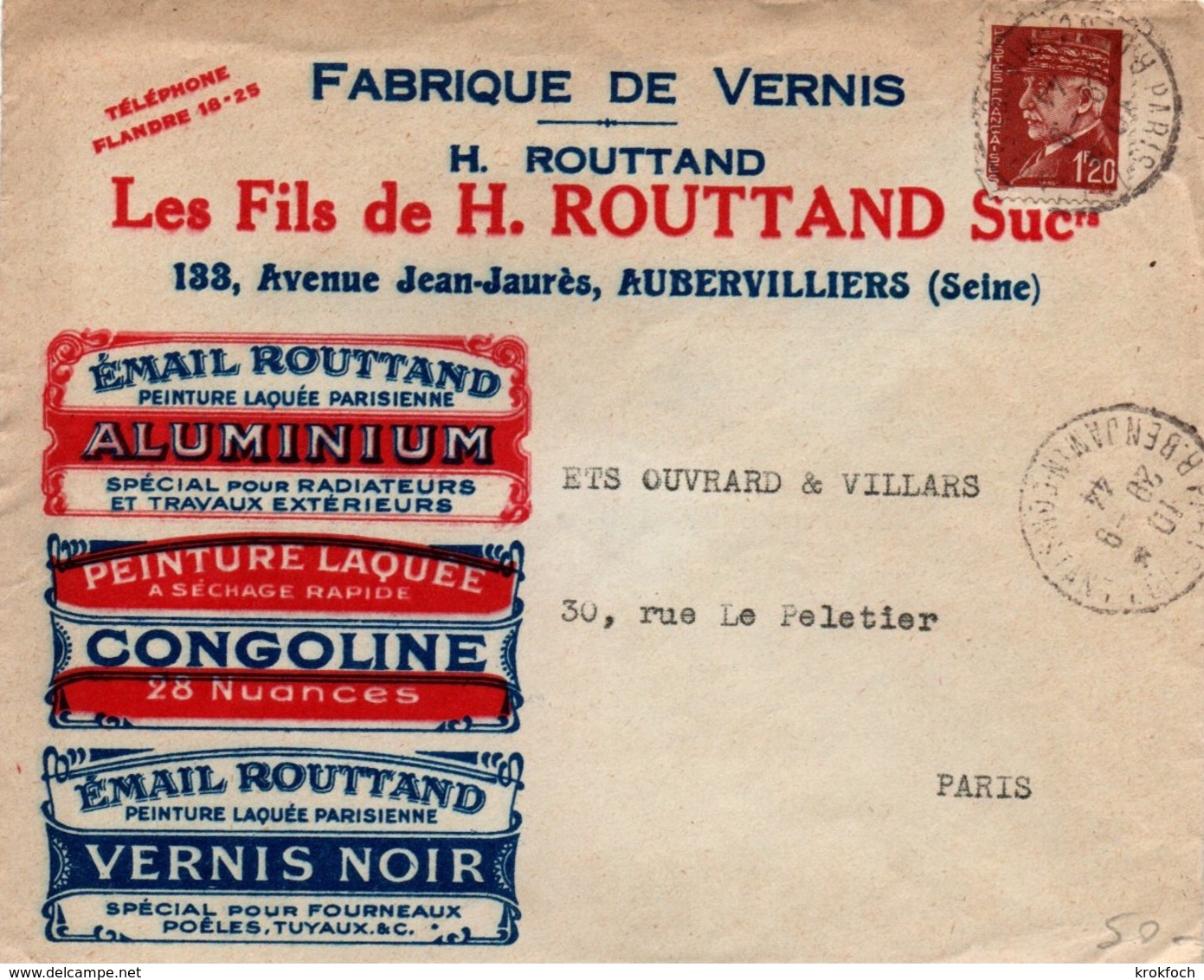 Paris 1944 - Enveloppe Publicitaire Vernis Routtand Aubervilliers - Peinture Aluminium Congoline - 1921-1960: Modern Period