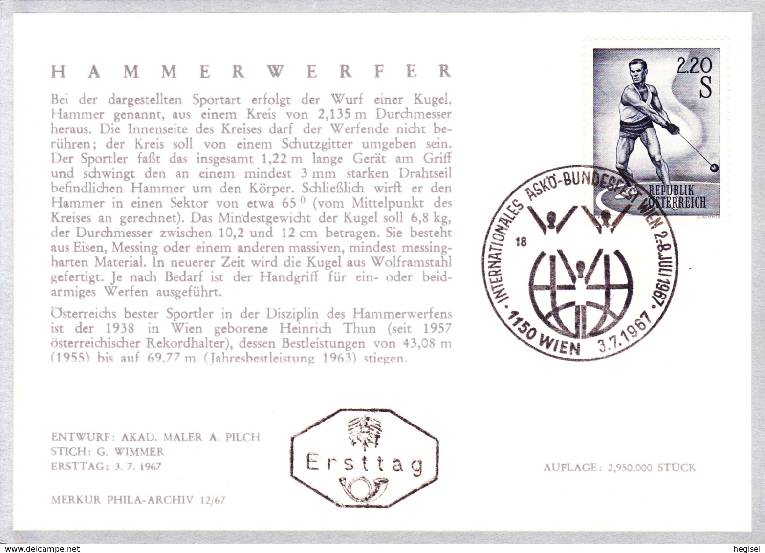 1967  Sport: Hammerwerfer FDC Karte (ANK 1272, Mi 1242) - FDC