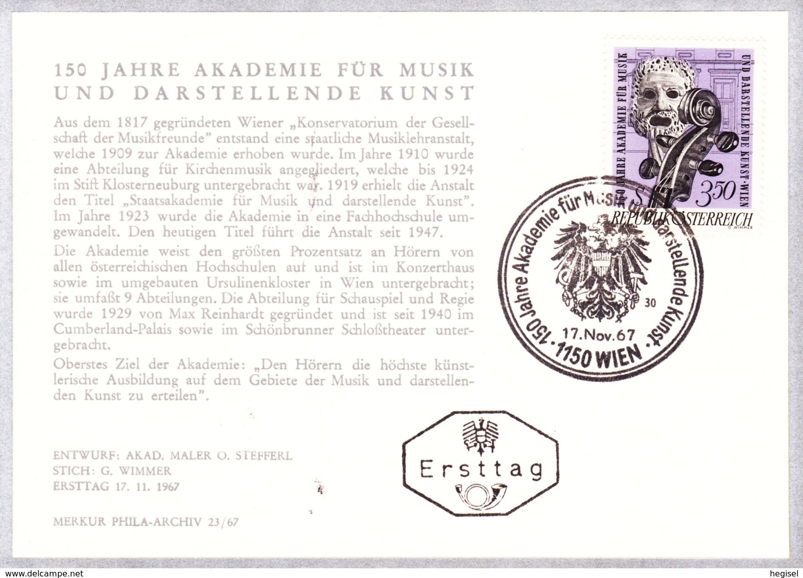 1967  Akad. F. Musik U. Darstell. Kunst FDC Karte  (ANK 1283, Mi 1253) - FDC