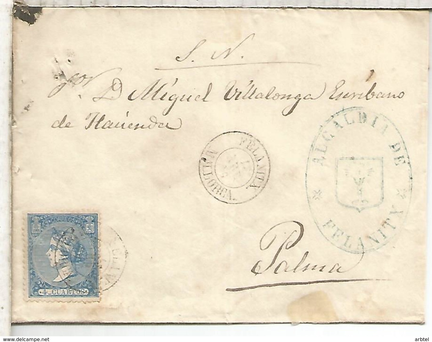 FELANITX BALEARES CC ISABEL II A PALMA 1866 MARCA ALCALDIA - Cartas & Documentos