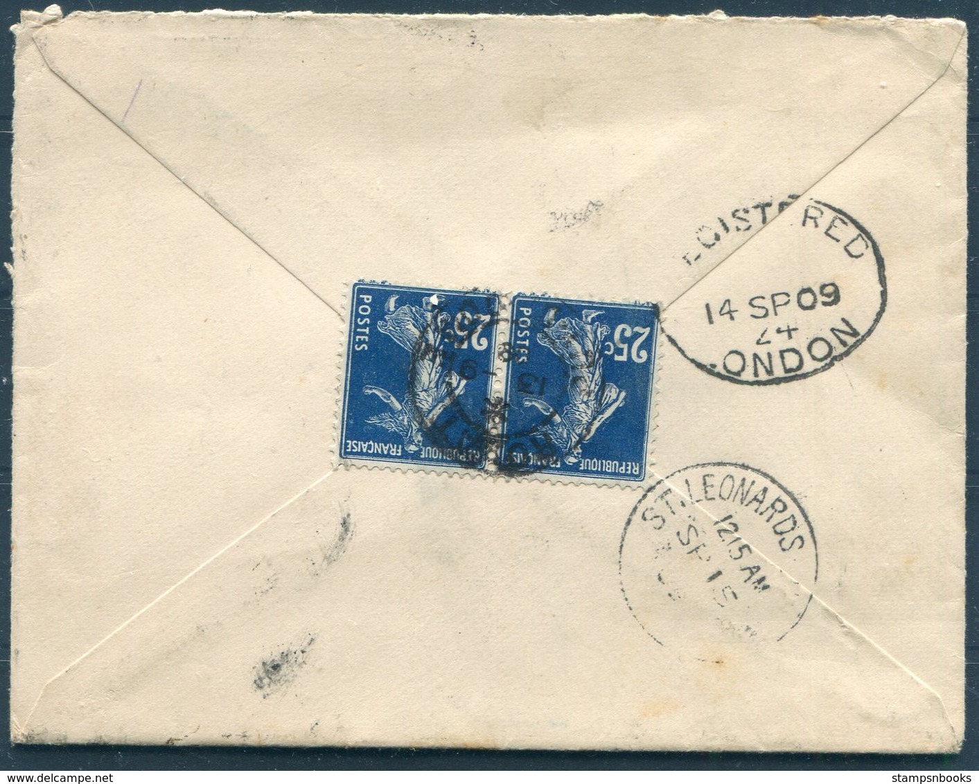 1909 France Royal Puy De Dome, London I.S. Registered Cover - St Leonards On Sea - Covers & Documents