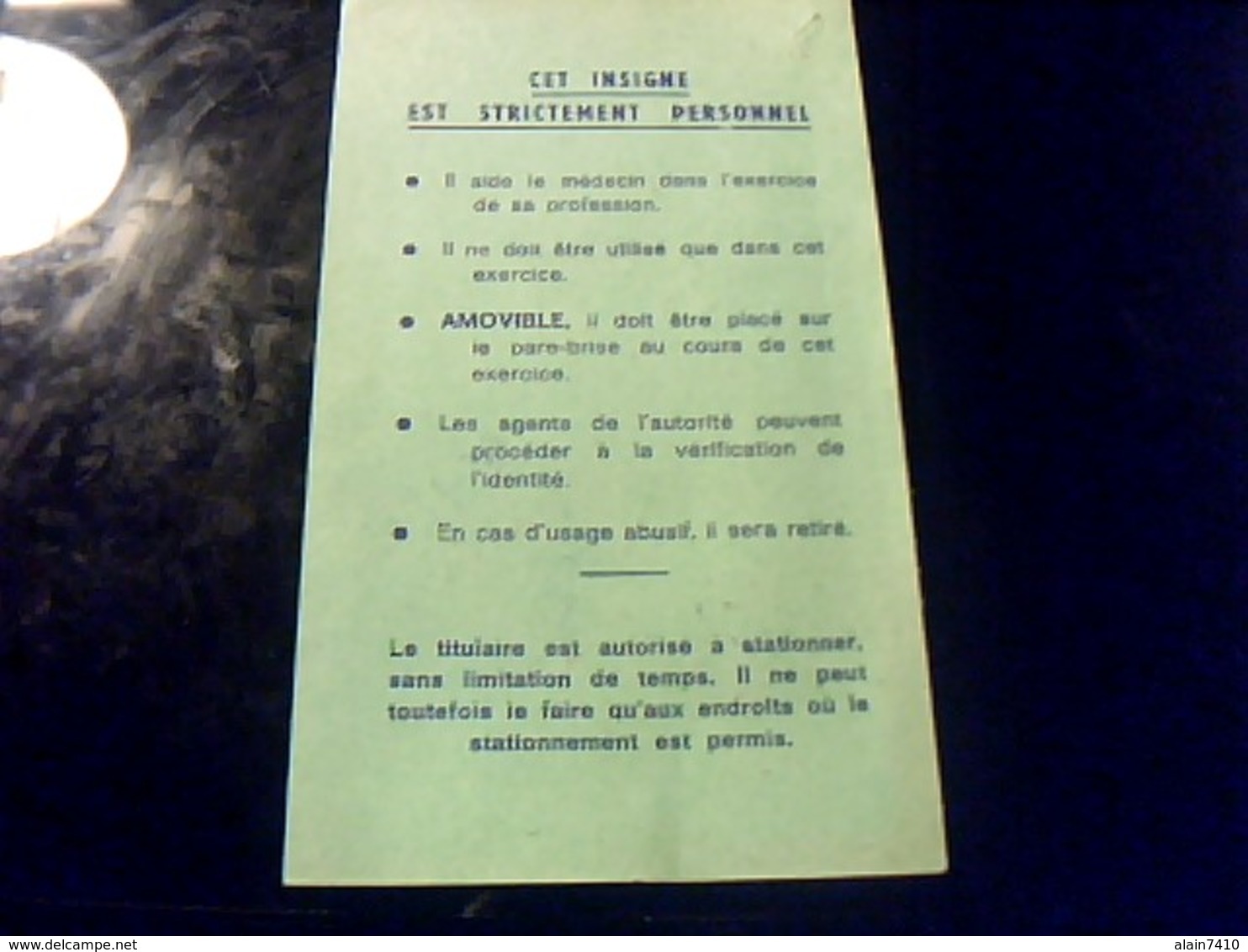 Carte De Stationement Ou Caducèe Ordre National  Des Medecins Annèe1986 - Autres & Non Classés