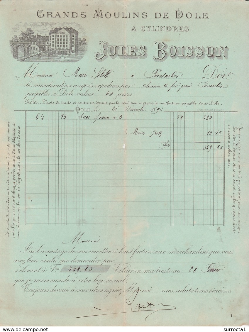 Facture + Traite 1893 / Jules BOISSON / Grands Moulins à Cylindres De Dôle / 39 Jura - 1800 – 1899