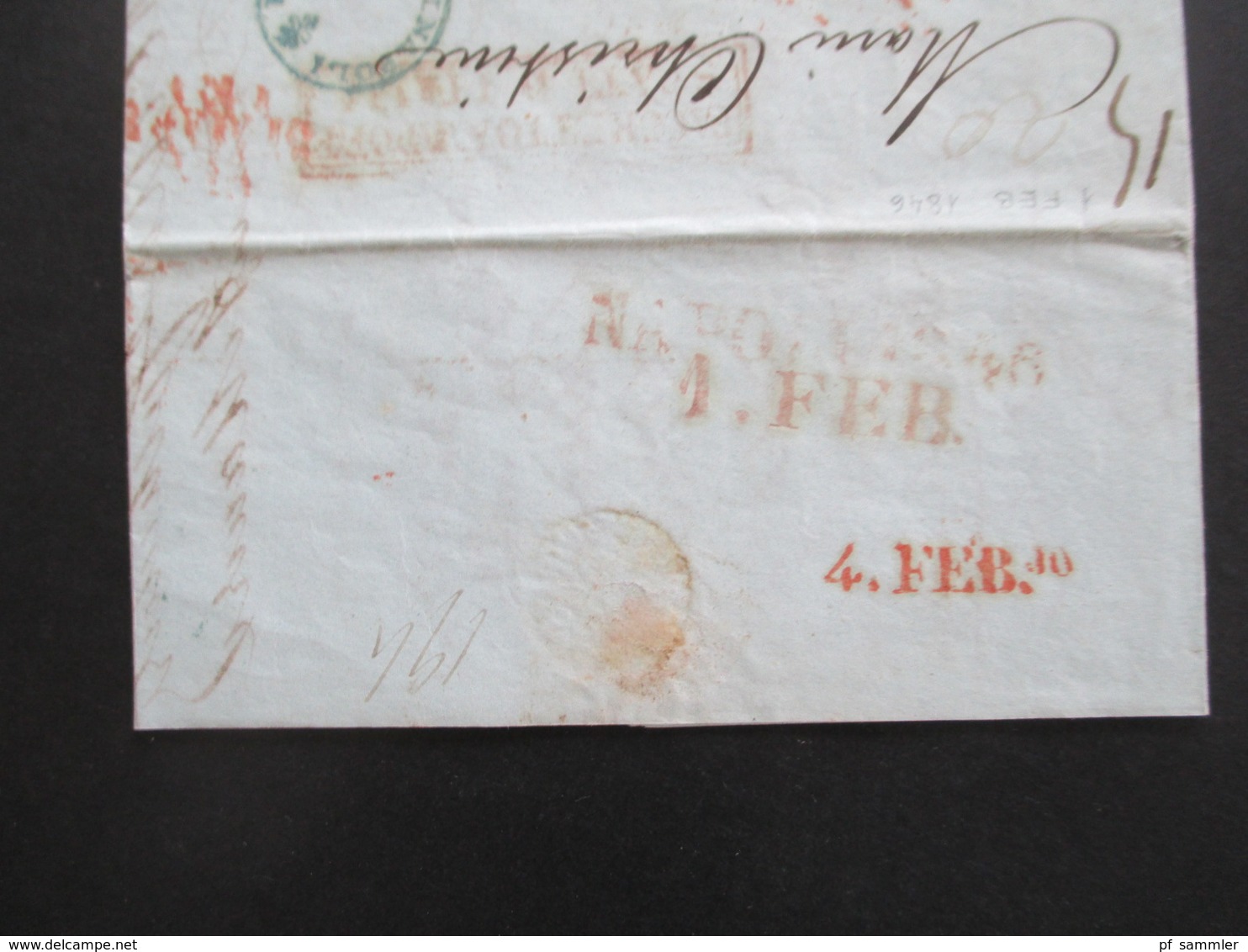 Vorphila 1846 rote und grüner Stempel. Via Di Mare. Schiffspost mit Taxvermerken und Inhalt! viele Stempel.Dringlichkeit