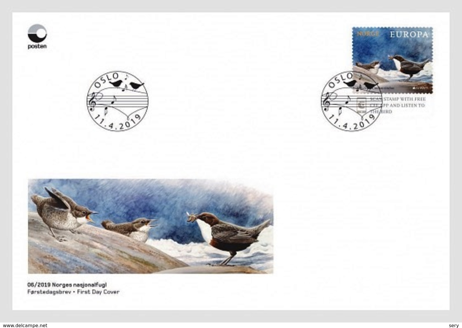 Norway 2019 FDC White-throated Dipper Norway’s National Bird Birds Oiseau Oiseaux - Moineaux