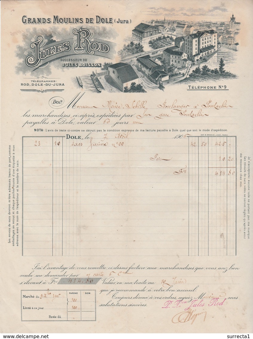 Facture + Traite 1906 / Jules ROD / Grands Moulins De Dôle / 39 Jura - 1900 – 1949