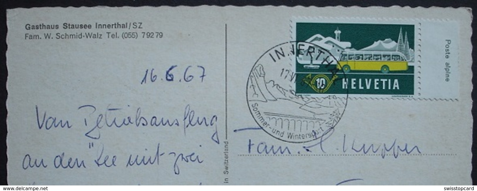 INNERTHAL Gasthaus Stausee Auto Stempel Auf Briefmarke Postauto - Innerthal