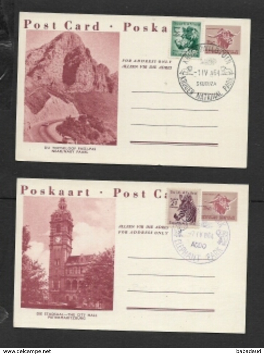 S.Africa,  KRUGER NATIONAL PARK SKUKUZA1 IV 64,  ELEPHANT PARK ADDO 1 IV 64 ON  1 1/2c Postal Cards, - Covers & Documents