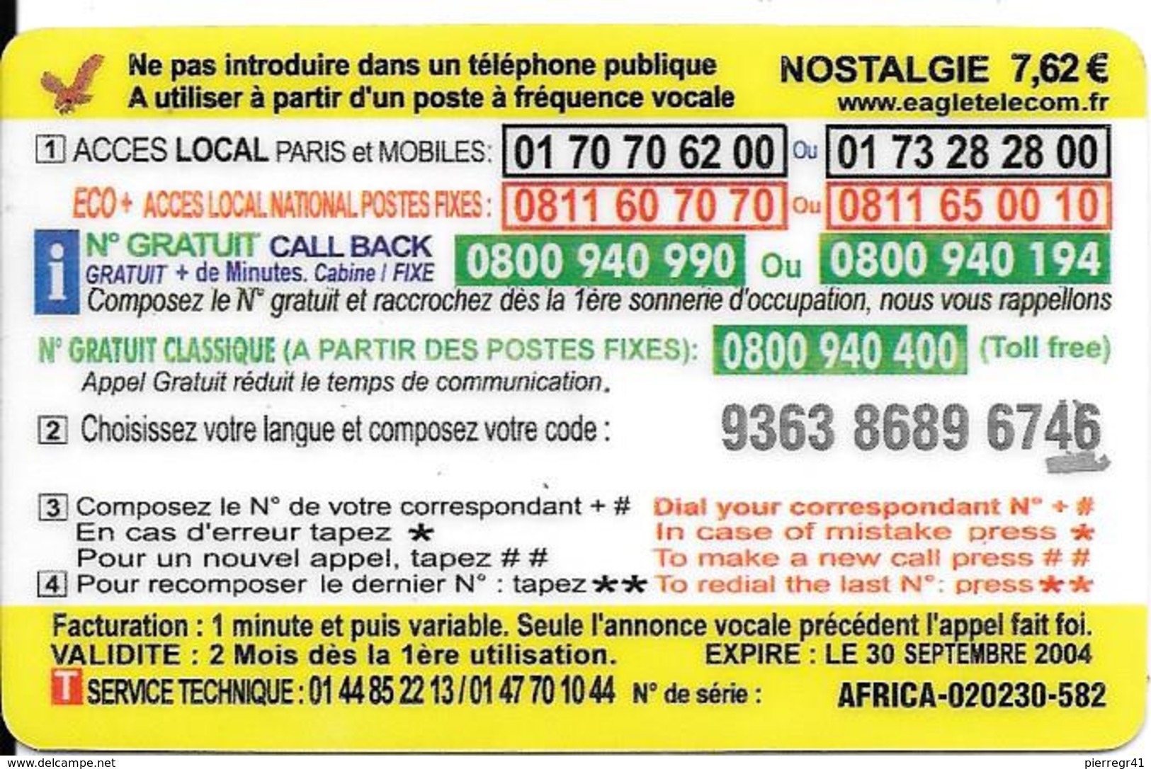 -CARTE-PREPAYEE-EAGLE TELECOM-50F-7.62€-F-N OSTALG IE-AFRICA-FEMME- GRATTEE-30/09/2004-TBE- - Autres & Non Classés