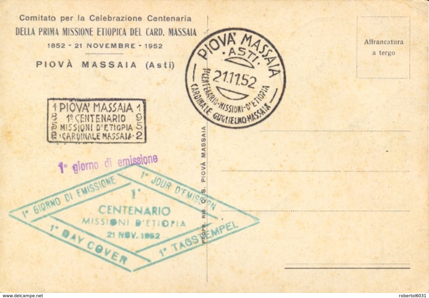 Italia 1952 Maximum Card FDC Centenario Delle Missioni In Etiopia Del Cardinale Guglielmo Massaia - Cristianesimo