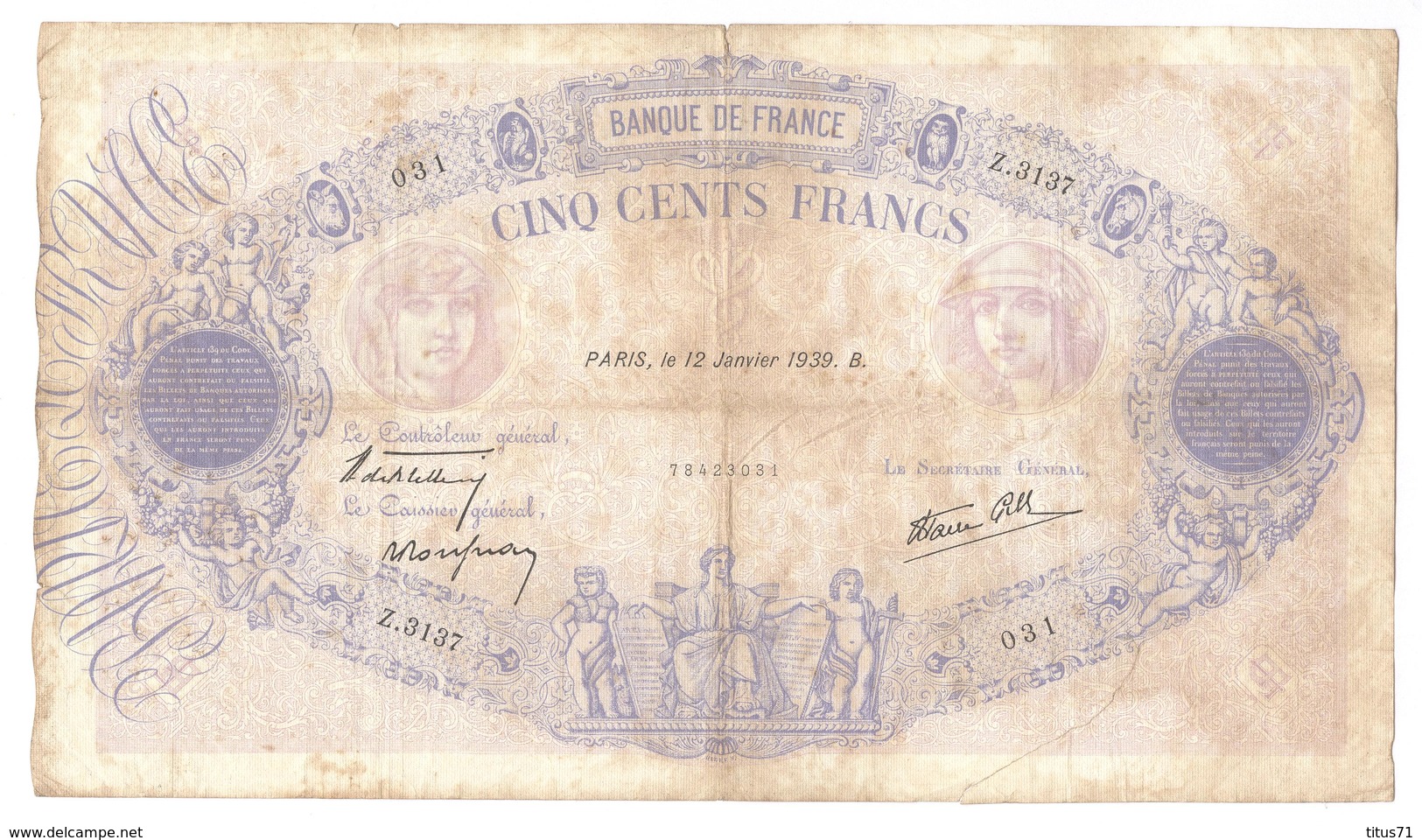 Billet 500 Francs France Bleu Et Rose 12 Janvier 1939 - Voir Photos - 500 F 1888-1940 ''Bleu Et Rose''