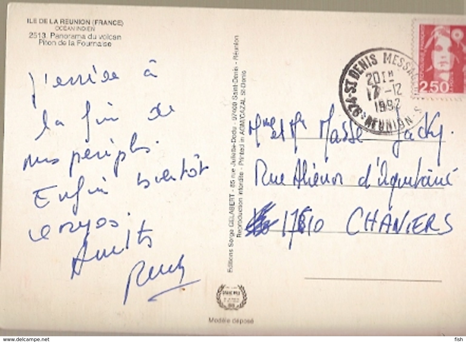 France & Marcofilia,  Ile De La Reunion, Piton De La Fournaise, Volcan, St. Denis Messagerie Chaniers 1992 (2513) - Lettres & Documents