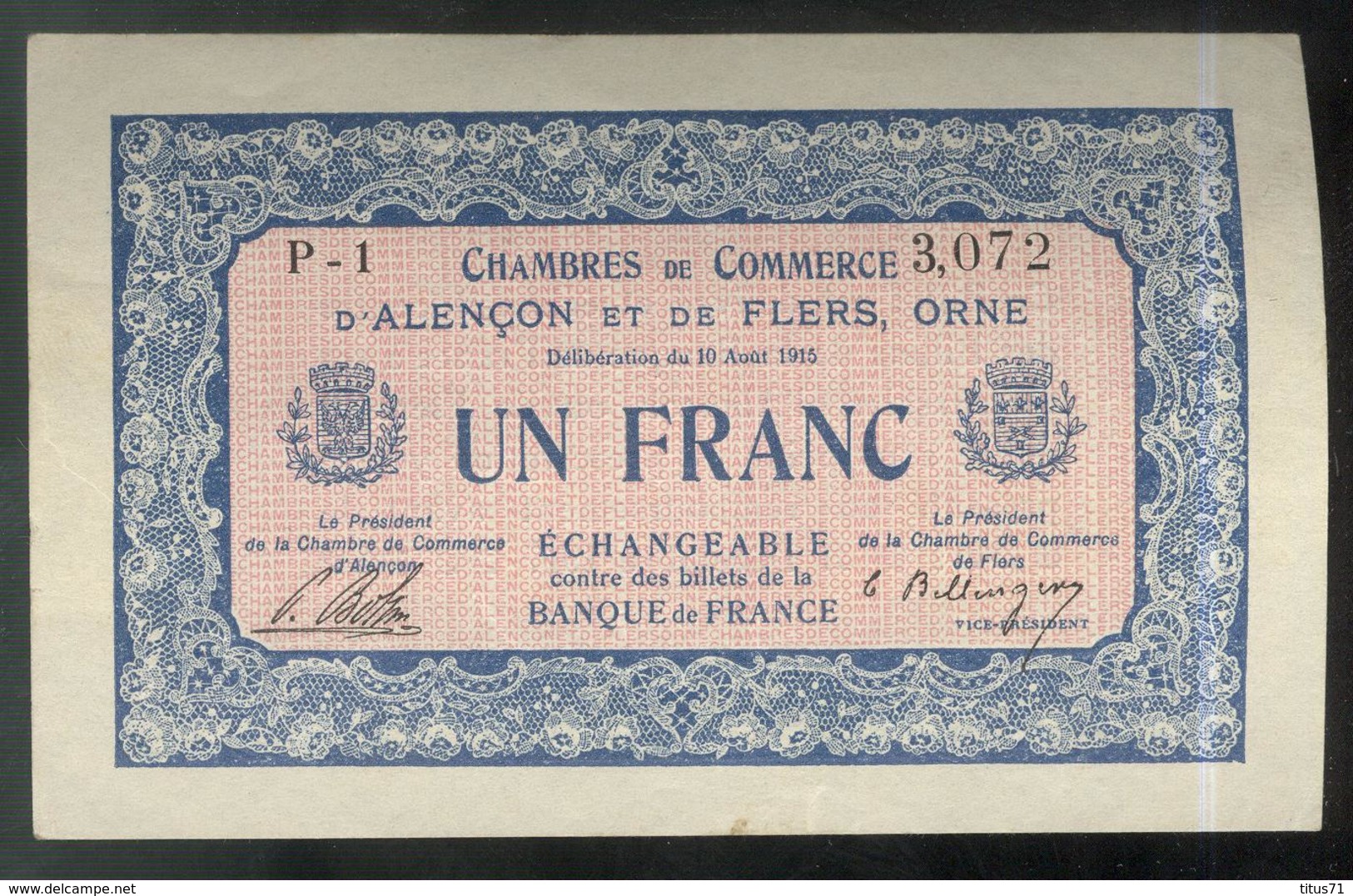 Billet 1 Franc Chambre De Commerce D' Alençon Et De Flers - Remboursement 1917 - TTB+ - Bons & Nécessité