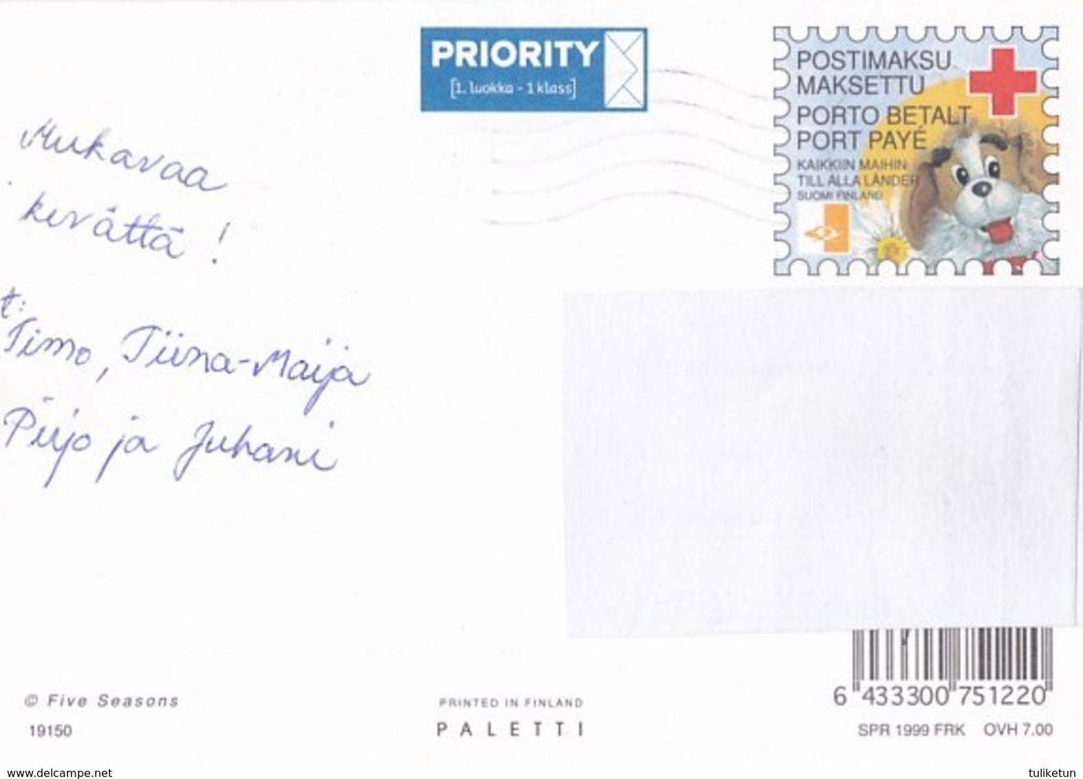 Postal Stationery - Cats - Kittens With Dog Puppy - Red Cross 1999 - Suomi Finland - Postage Paid - Interi Postali